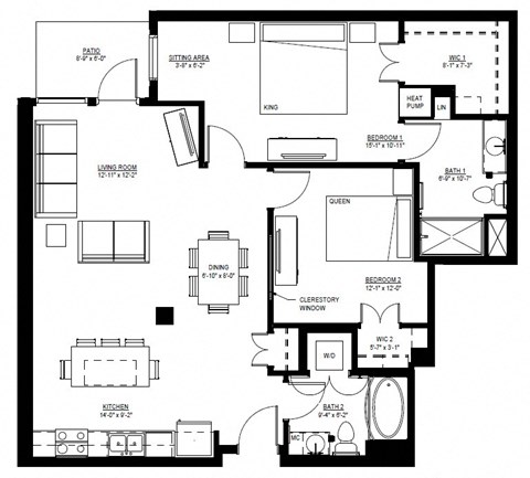 Floor plan for 2 beds, 2 baths, 1149 sqft